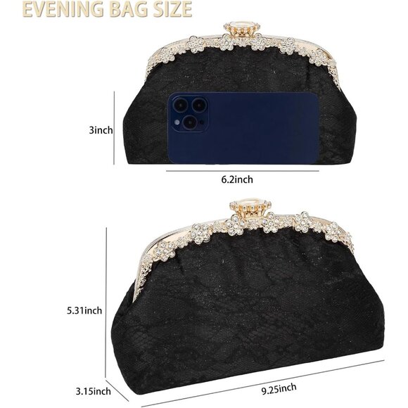 ⚡ Women's Fabric Lace Pearl Chain Rhinestones Black Shoulder Clutch Bag - Picture 6 of 9
